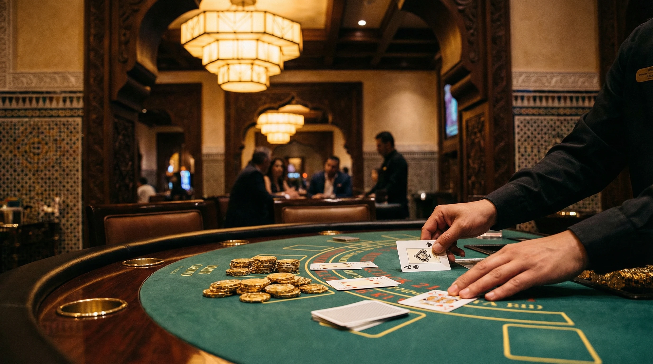 Mesa de blackjack elegante con cartas y fichas doradas en casino mexicano