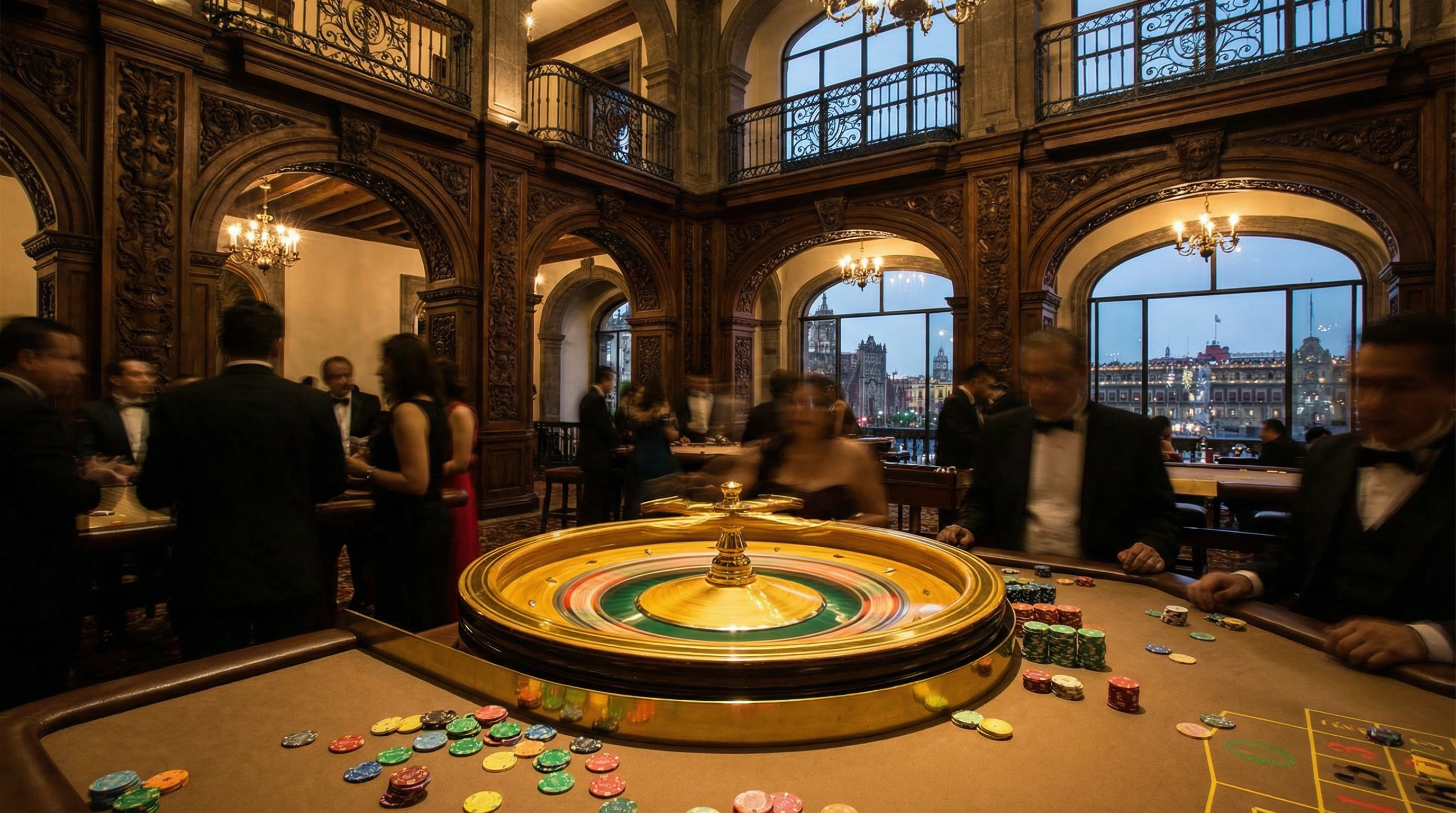 Ruleta dorada girando con fichas de colores y vista de Ciudad de México